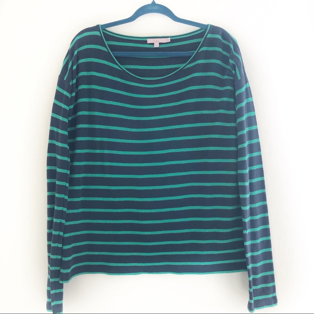 Calypso St Barth Boat Neckline Navy Blue Green Stripe Sweater size Medium
